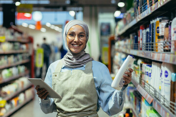Fototapeta na wymiar Portrait of a female saleswoman in a hijab, a salesperson in a household chemicals department is smiling and looking at the camera, holding a laptop tablet computer in her hands.