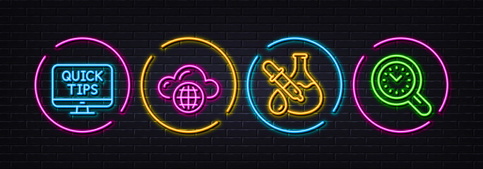 Cloud computing, Chemistry experiment and Web tutorials minimal line icons. Neon laser 3d lights. Time management icons. For web, application, printing. Vector