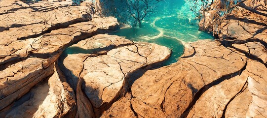 Blue sea water, rocky area with green fields. 3D illustration, ai