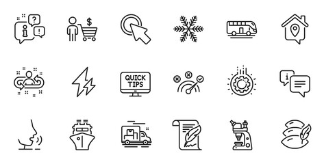 Outline set of Gear, Correct answer and Pillow line icons for web application. Talk, information, delivery truck outline icon. Include Feather, Electricity, Recruitment icons. Vector