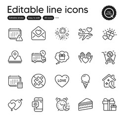 Fototapeta premium Set of Holidays outline icons. Contains icons as Love gift, Honeymoon travel and Delivery elements. Alarm, Gift dream, Cake web signs. Hold heart, Fireworks, Ice cream elements. Vector