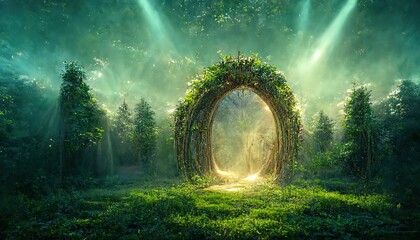 In a dense forest, an archway leads to another dimension. The leaves on the trees are green. A blue light can be seen in the portal. The whole earth is covered with green grass. 3D illustration, ai.