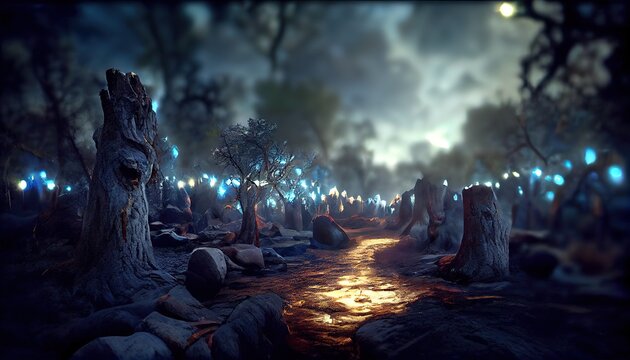 Magical Dark Fairy Tale Forest At Night With Glowing Lights And Fog Und Flying Particles, Ai