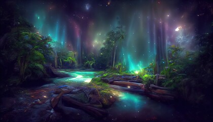 Night landscape, northern lights reflecting in water, science fiction, beautiful nature, colorful sparks. Magic realism concept. 3D rendering illustration, ai.

