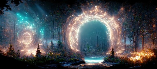 In a dense forest, an archway leads to another dimension. The leaves on the trees are green. A blue light can be seen in the portal. The whole earth is covered with green grass. 3D illustration, ai.