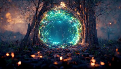 In a dense forest, an archway leads to another dimension. The leaves on the trees are green. A blue light can be seen in the portal. The whole earth is covered with green grass. 3D illustration, ai.