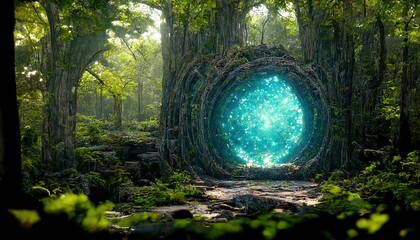 In a dense forest, an archway leads to another dimension. The leaves on the trees are green. A blue light can be seen in the portal. The whole earth is covered with green grass. 3D illustration, ai. - obrazy, fototapety, plakaty
