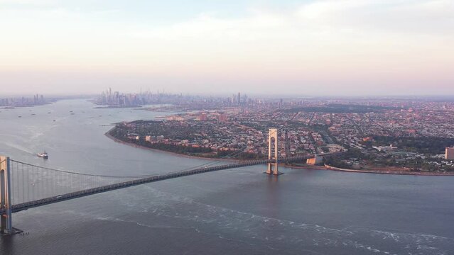 aerial view of verrazano narrows bridge with twilight sky