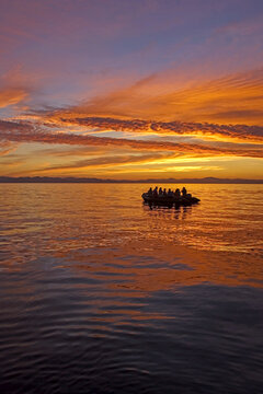 Tourists in an inflatable boat at sunset in the Canal de Ballenas.