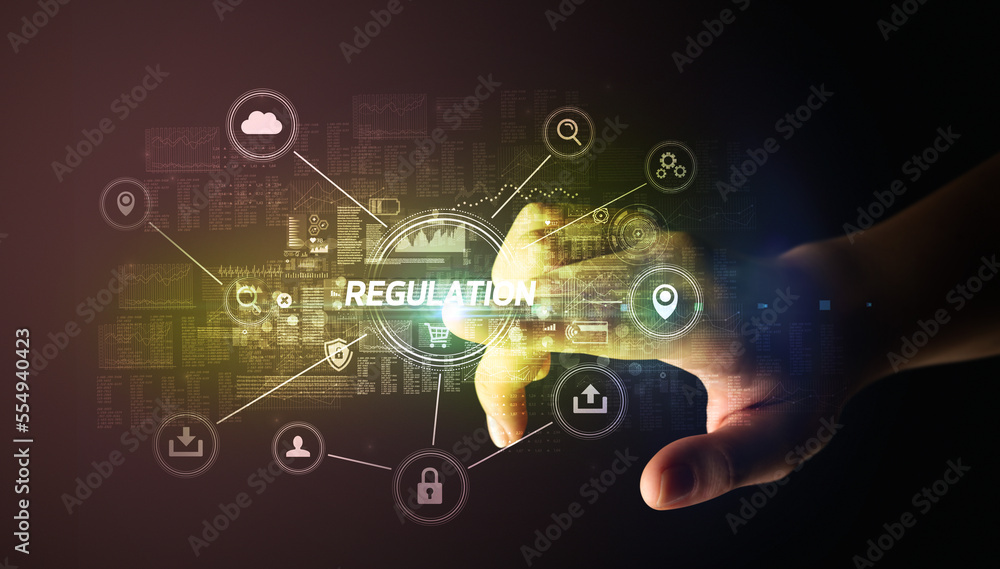 Poster hand touching cybersecurity button concept