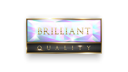 Brilliant quality product banner tag. Premium rectangle diamond label with golden frame and green line isolated on white background. Dark luxury logo template. Vector illustration