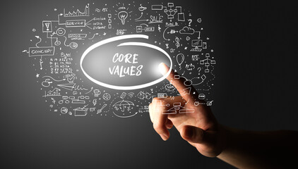 Hand touching hand drawn icons