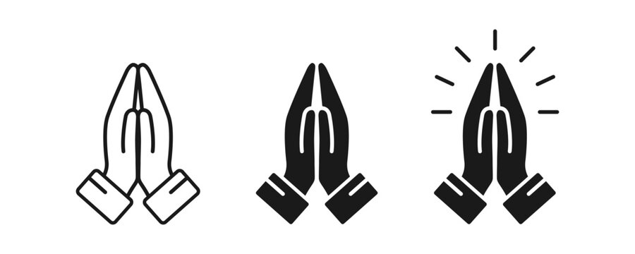 Pray icon set. Folded hands symbol. Simple line design.