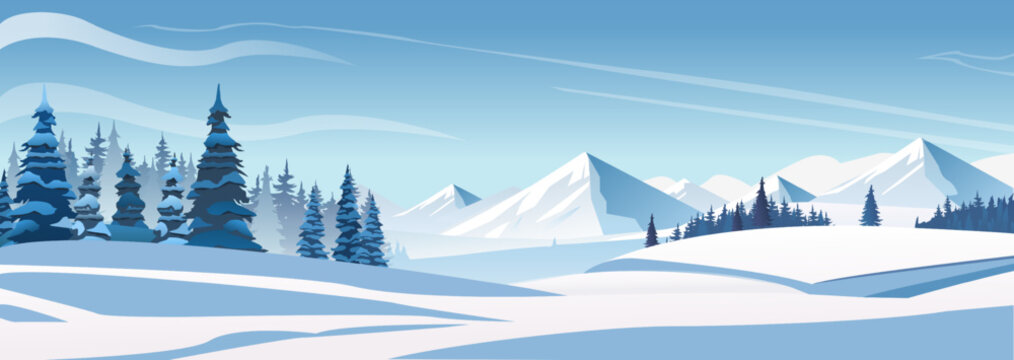 Vector flat winter landscape with snowy mountains, woods, spruce trees and fields covered with snow on blue cloudy sky. Chsitmas, new year seasonal background
