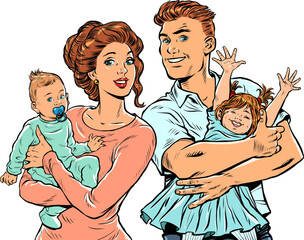 Family mom and dad with children in their arms. pop art retro illustration 50s 60s style - 554942680
