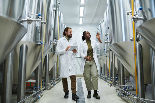 Smiling Black female brewer showing brewing equipment to inspector