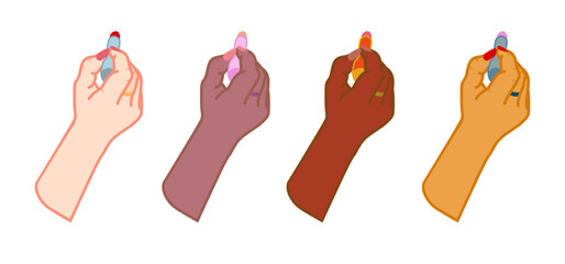 a set with the image of women's hands with different skin colors that hold lipstick