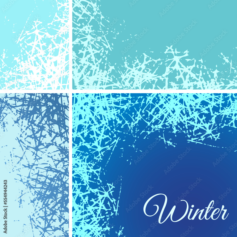 Poster set of ice crystals border with frosted patterns on freeze winter window. vector holiday design fram