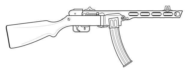 Vector illustration of the PPSh41 machine gun with box magazine on the white background. Right side.