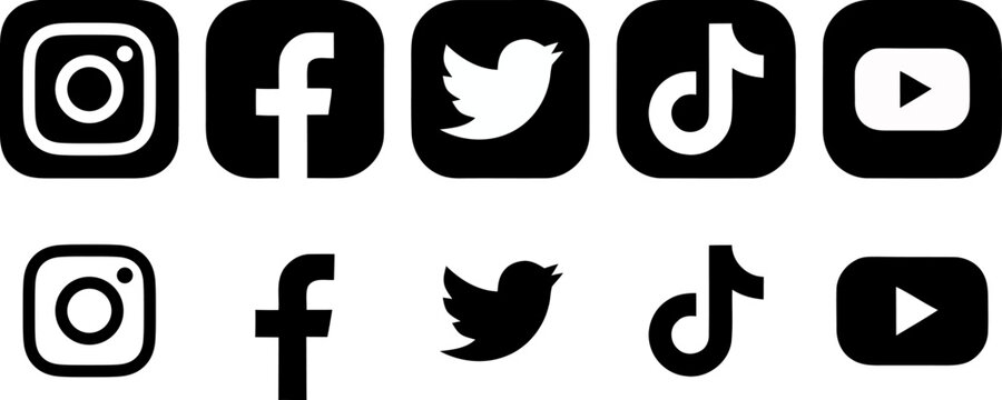 Social media icons. Instagram, Facebook, Twitter, TikTok, YouTube black logo set. Vector editorial illustration