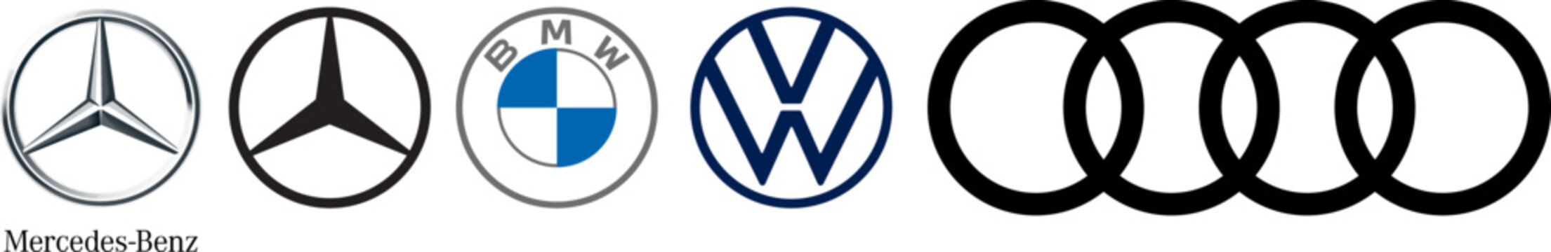 Mercedes car brand logo set. Mercedes-Benz AG, BMW, Audi, Volkswagen VW auto icons. Vector editorial illustration