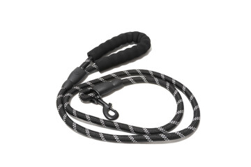 Fototapeta premium Black and gray dog leash, isolated on white background. Dog accessories concept.