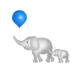 Adorable Watercolor Elephants Mom and Baby Holding Blue Balloon Transparent 