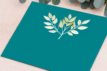 Mockup for a letter or wedding invitation with branches and leaves. Natural light and shade coverage. Flat lay, Natural light and shade.