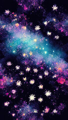 Fototapeta na wymiar Cosmic nature. Fantasy flowers. Space glow. Blur neon pink blue purple color shiny galaxy stardust light flare on dark black art collage illustration abstract background.