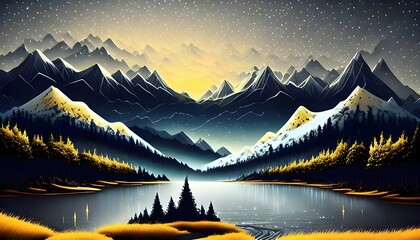 3d modern art mural wallpaper, night landscape with dark mountains, gray background with stars, deer and trees.