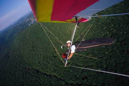Hang glider photographed by a wing mounted camera.; Cumberland Valley, Maryland.