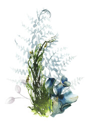 Watercolor painted floral bouquet. Arrangement with blue flowers hydrangea, leaves fern and forest moss. Cut out hand drawn PNG illustration on transparent background. Isolated clipart.