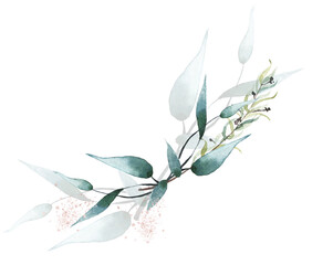 Watercolor painted floral bouquet. Arrangement with branches, leaves, pink gold dust. Cut out hand drawn PNG illustration on transparent background. Watercolour isolated clipart drawing.