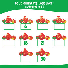 Counting by three's the Christmas Elements. practising math in multiple of 3s activity worksheet for kids, write the missing numbers, math multiples. Counting worksheet for children. 