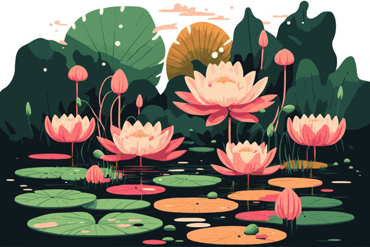 lotus lily water flower and leaf on lake or pond nature background wallpaper