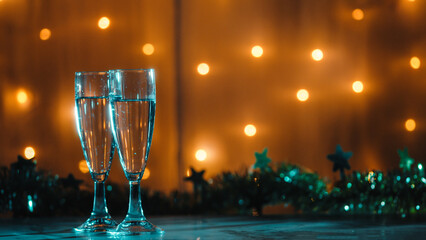 Two glasses of champagne with copy space for new year