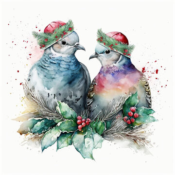 watercolor two turtle doves wearing a Santa hats , Christmas greenery, watercolor splash background