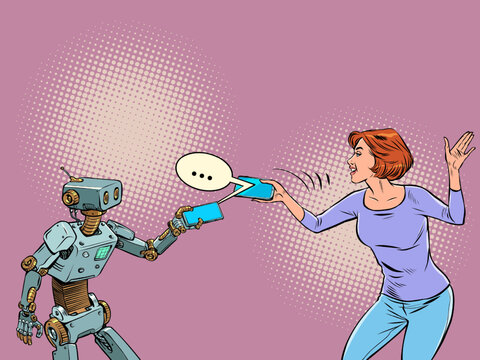robot and woman communicate in a messenger on the phone