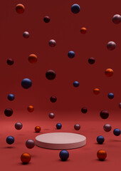 Bright maroon, dark red 3D illustration minimal product display Christmas themed colorful decoration Christmas balls colorful metallic marbles falling photography wallpaper with one podium or stand