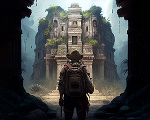 An explorer looking at an abandoned temple in the jungle