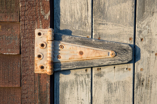 Close-up of an old rusty hinge on a wooden door; Cortland, Nebraska, United States of America