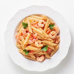 penne pasta with shrimp and smoked salmon. traditional Italian cuisine