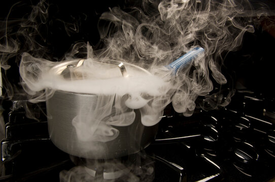 Steaming pot on a stovetop; Lincoln, Nebraska, United States of America