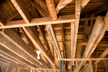 Unfinished ceiling in the reconstruction in an old farmhouse; Dunbar, Nebraska, United States of America