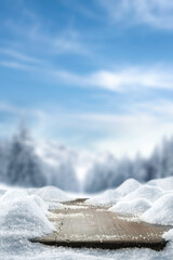 Desk of free space and winter landscape.  - 554951851