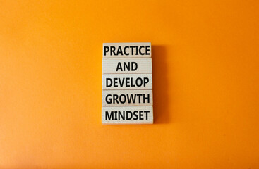Practice and Develop growth mindset symbol. Wooden blocks with words Practice and Develop growth mindset. Beautiful orange background. Business concept. Copy space