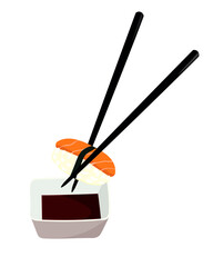 Illustration of sushi on sushi sticks and soy sauce in a bowl. Sushi with soy sauce bowl. Traditional japanese food illustration 