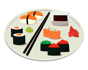 Illustration of big plate with traditional japanese food. Illustration of japanese salmon sushi and rolls and sashimi