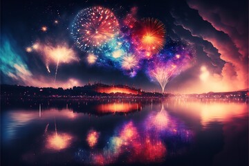 New year background with fireworks and dark gliters, Happy new year theme background.