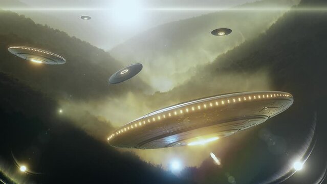 Alien UFOs Ships in a Foggy Valley - Loop Scifi Abstract Landscape Animation Background